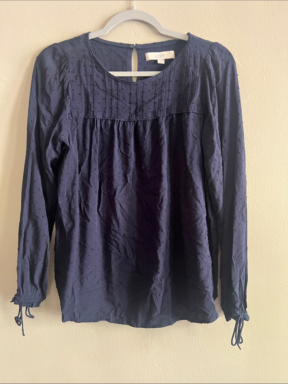 LOFT Navy Swiss Dot Long-Sleeve Blouse